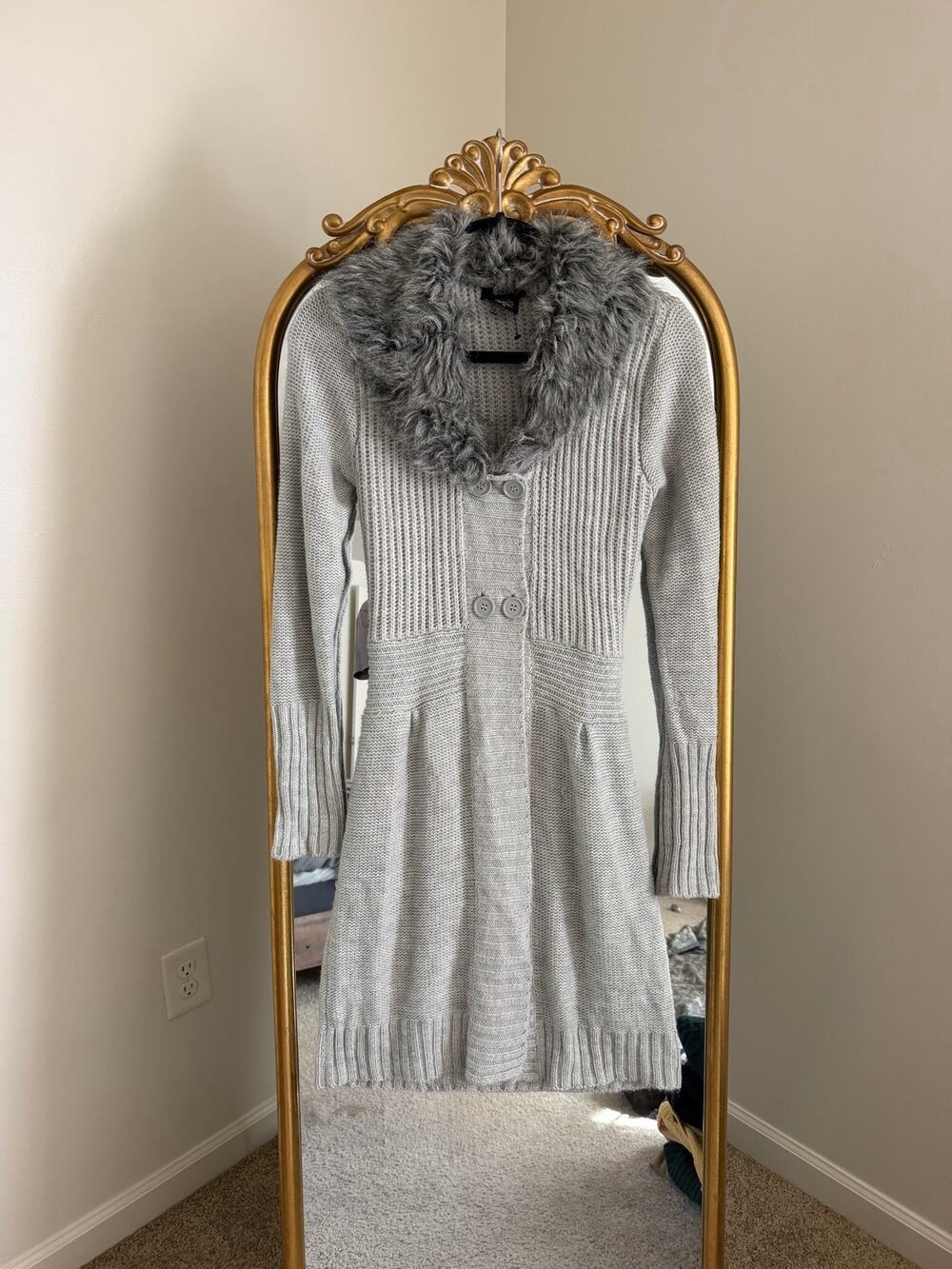 Vintage Y2K It’s Our Time Gray Faux Fur Ribbed Knit Long Cardigan Sweater, S